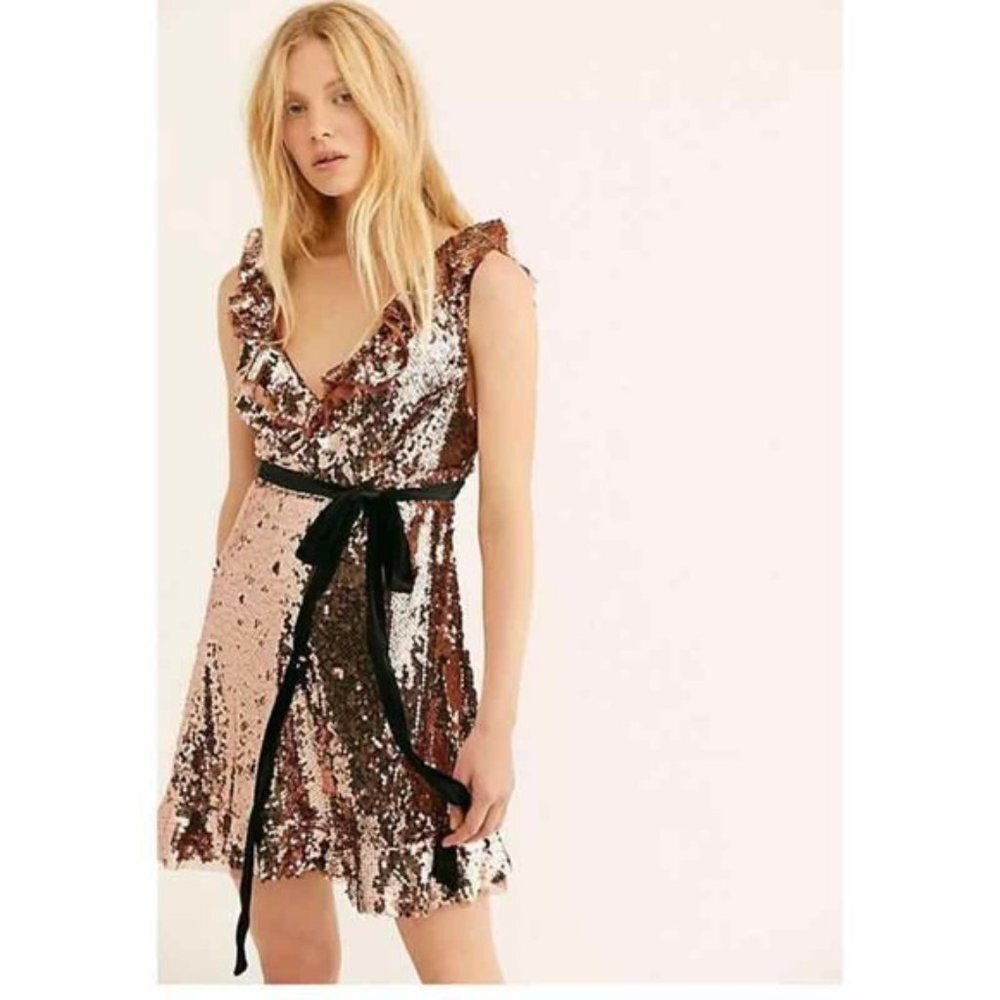 NWT Free People SEQUIN SIREN MINI DRESS Rose Gold